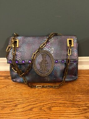 Authentic Women Christian Audigier Chain Shoulder Bag Handbag Leather